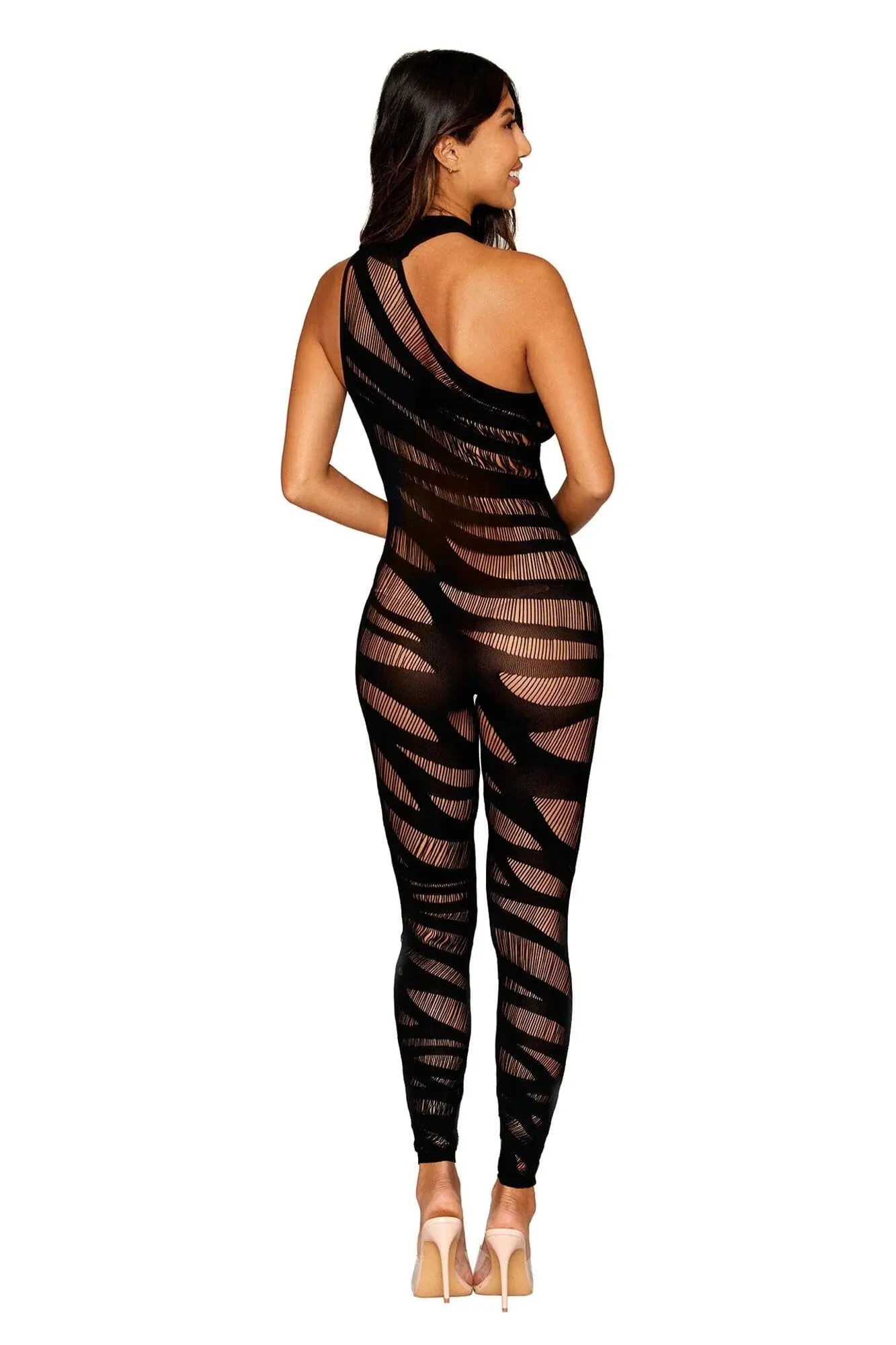 Asymmetrical Opaque Knitted Bodystocking with All-Over Slash Design Detail Dreamgirl