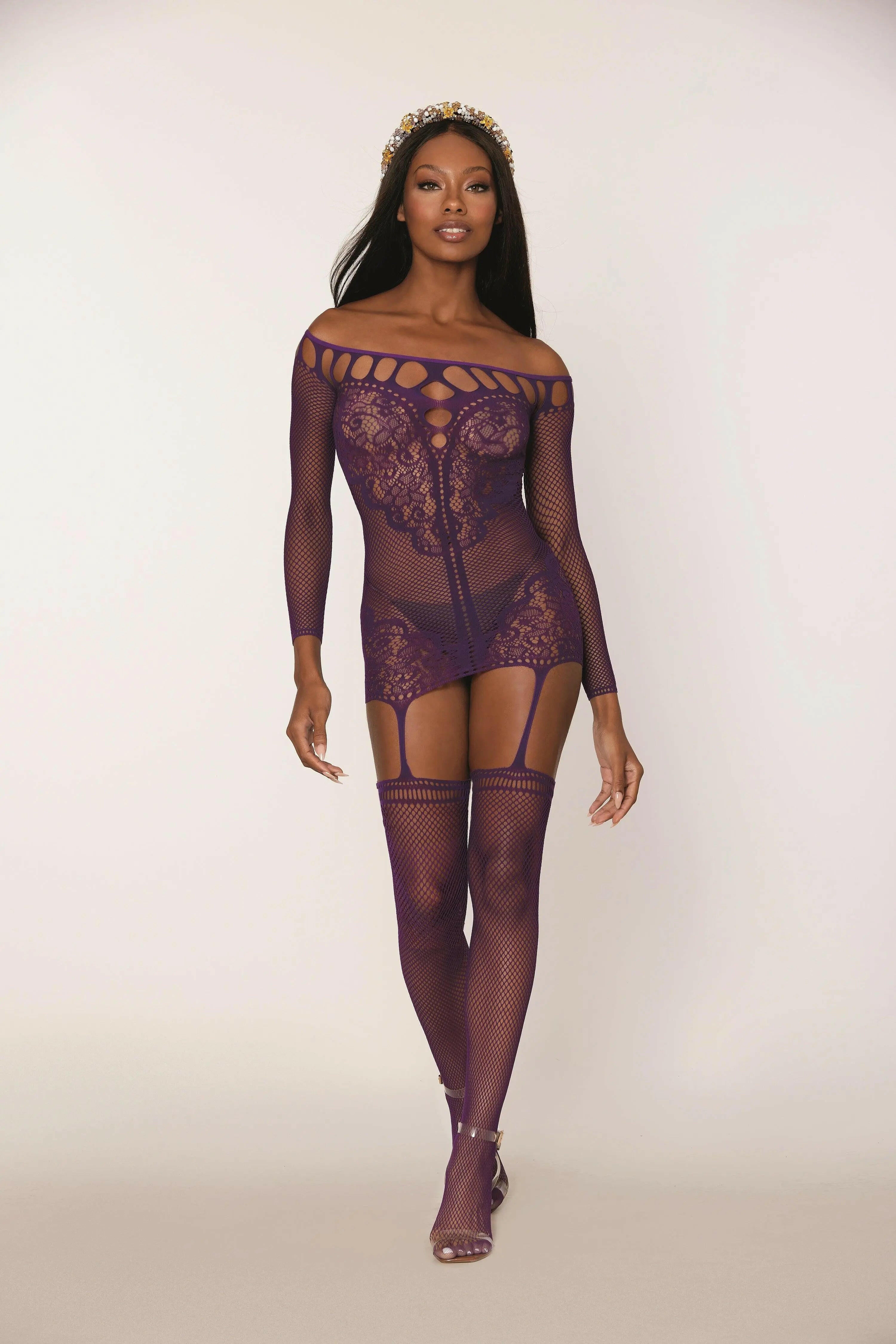 Fishnet & Scalloped Lace Garter Dress - Sophisticated Stature